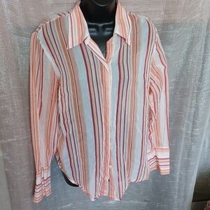 Vintage Limited French cuff sheer pastel orange pink striped button top L